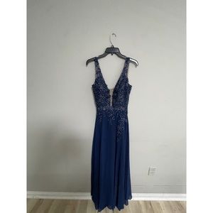 Navy Blue dress with slit and rhinestones